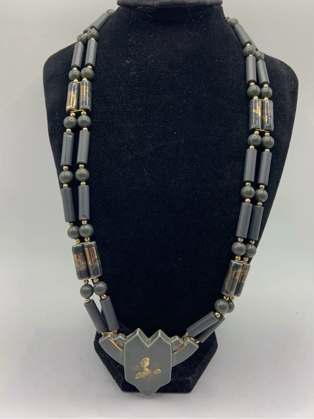 Vintage Japan Gray Statement Beaded Necklace with Ceramic Geometric Pendant
